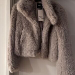 Zara Faux Fur Cropped Jacket in grey